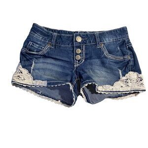 Amethyst Button Fly Embroidered Crochet Pocket Distressed Denim Shorts Women 0